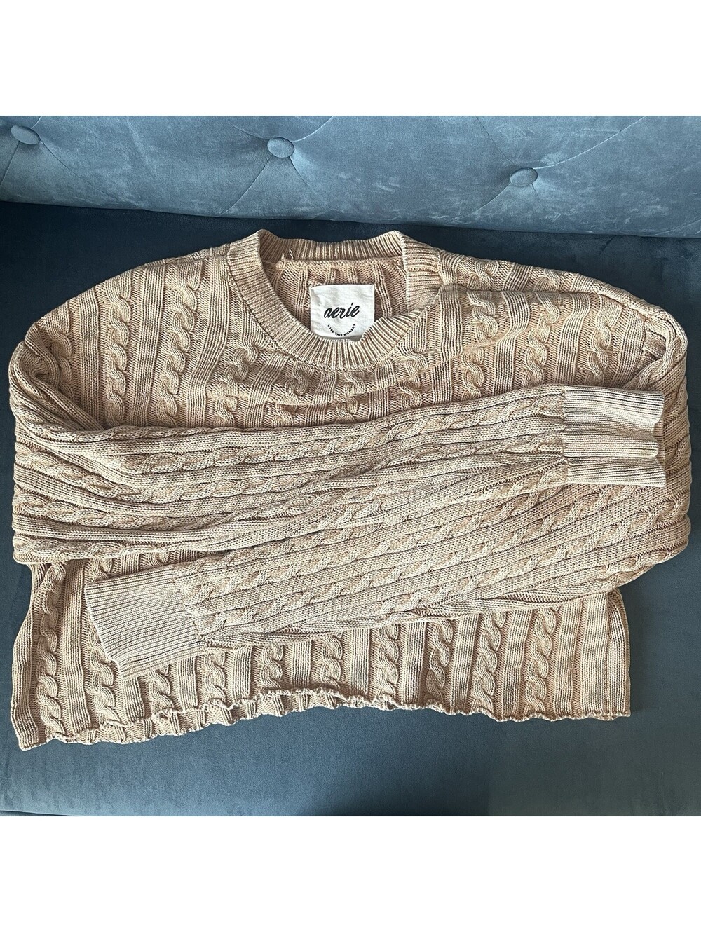 Aerie 100% Cotton Cable Knit Cropped Sweater M Tan Camel Drop Long Sleeves